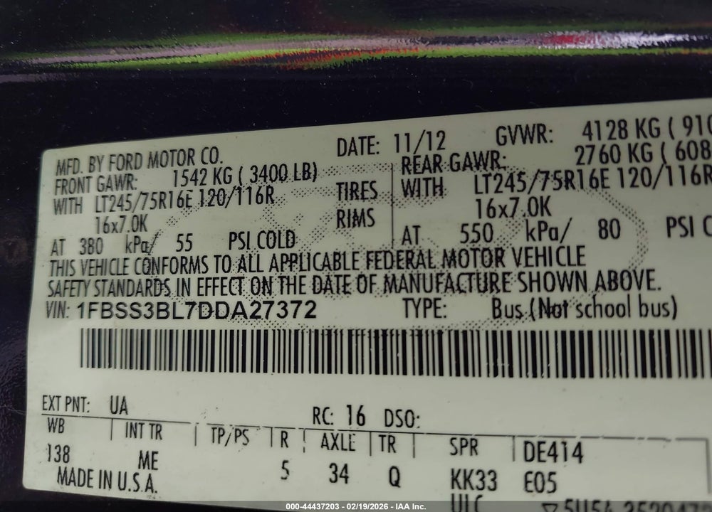 2013 FORD E-350 SUPER DUTY XLT VIN: 1FBSS3BL7DDA27372