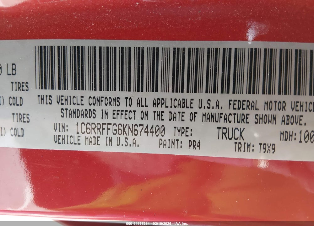 2019 RAM 1500 VIN: 1C6RRFFG6KN674400