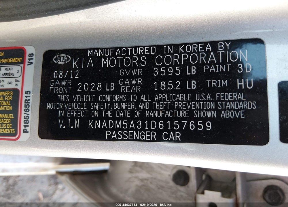 2013 KIA RIO LX VIN: KNADM5A31D6157659
