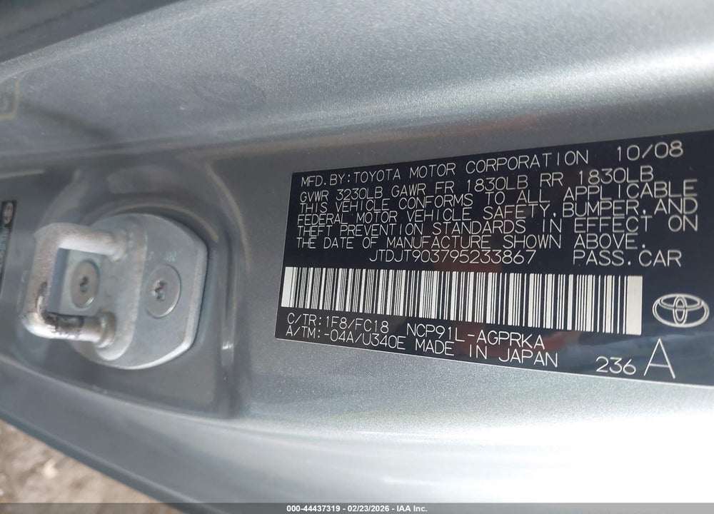 2009 TOYOTA YARIS VIN: JTDJT903795233867