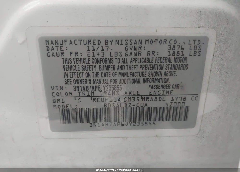 2018 NISSAN SENTRA SV VIN: 3N1AB7AP6JY235855