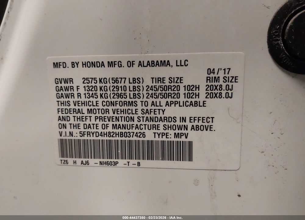 2017 ACURA MDX ADVANCE PACKAGE VIN: 5FRYD4H82HB037426