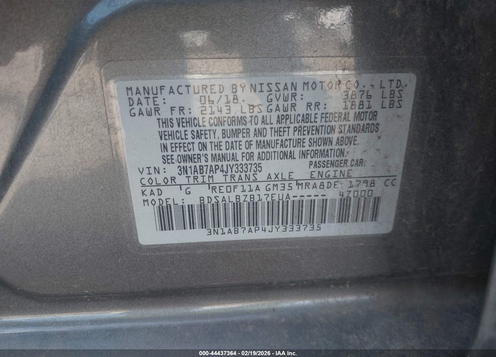 2018 NISSAN SENTRA S VIN: 3N1AB7AP4JY333735