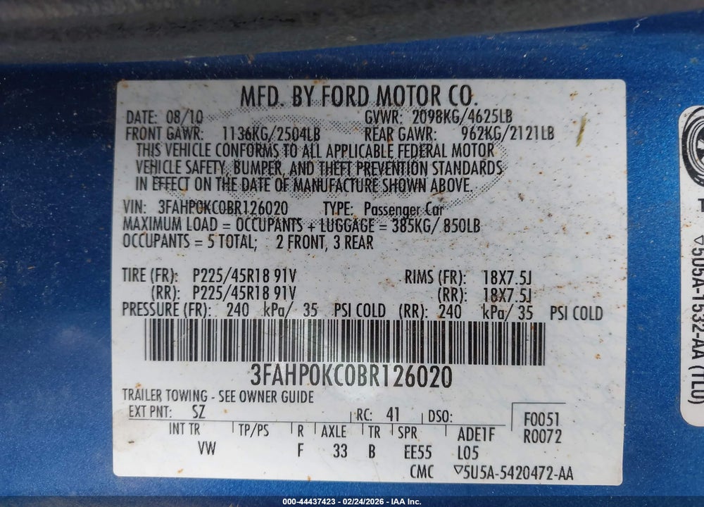 2011 FORD FUSION SPORT VIN: 3FAHP0KC0BR126020