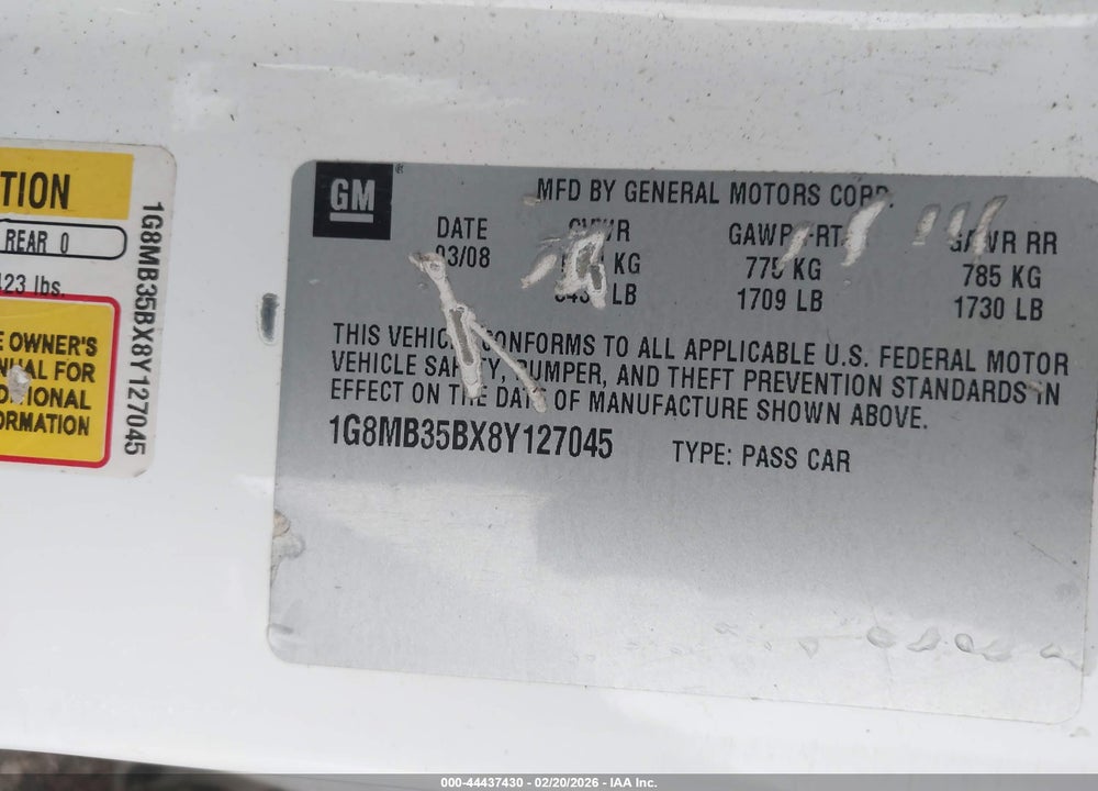 2008 SATURN SKY VIN: 1G8MB35BX8Y127045