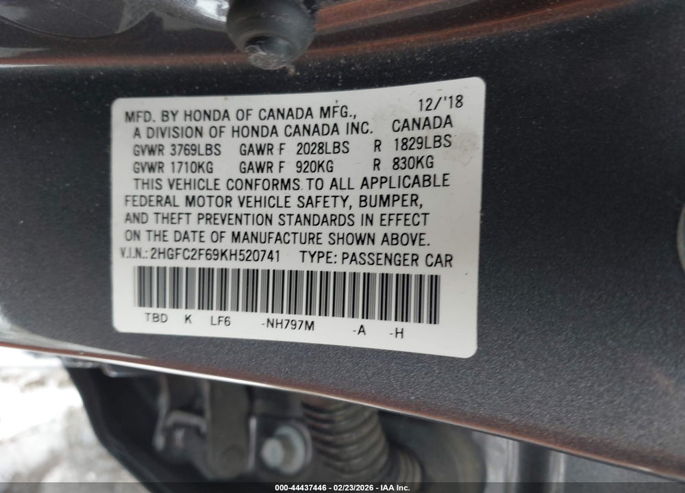 2019 HONDA CIVIC LX VIN: 2HGFC2F69KH520741