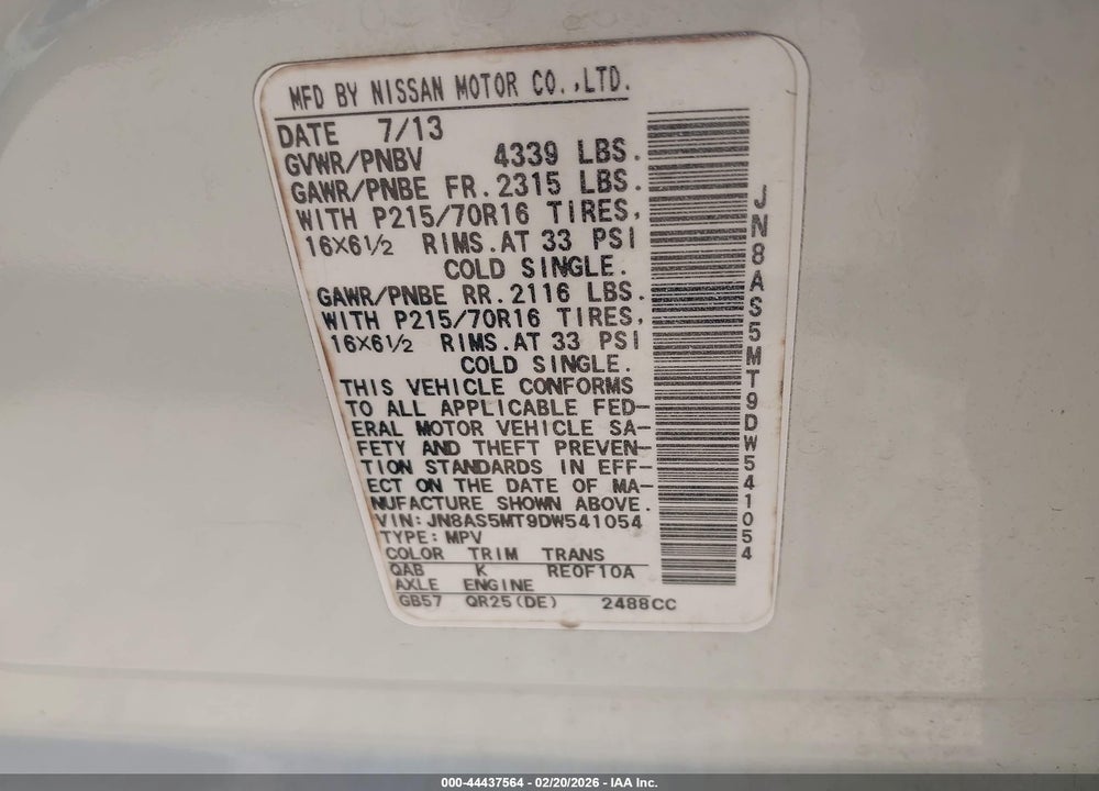 2013 NISSAN ROGUE S VIN: JN8AS5MT9DW541054