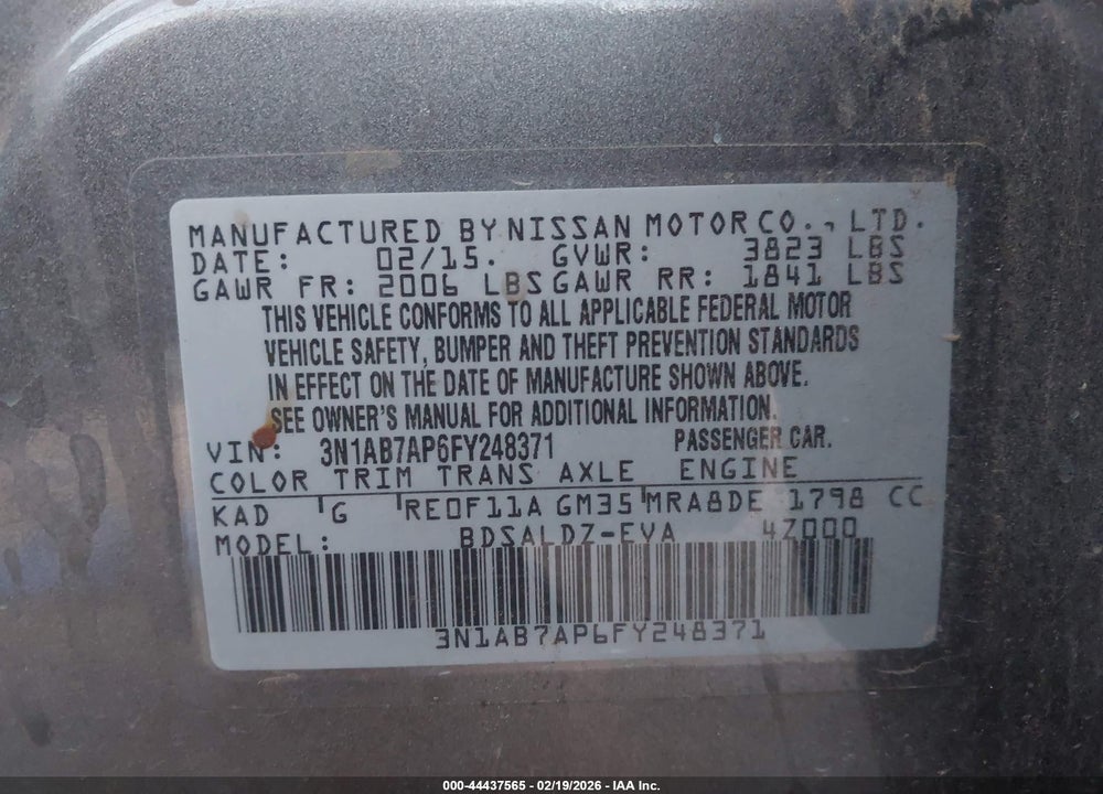 2015 NISSAN SENTRA SV VIN: 3N1AB7AP6FY248371