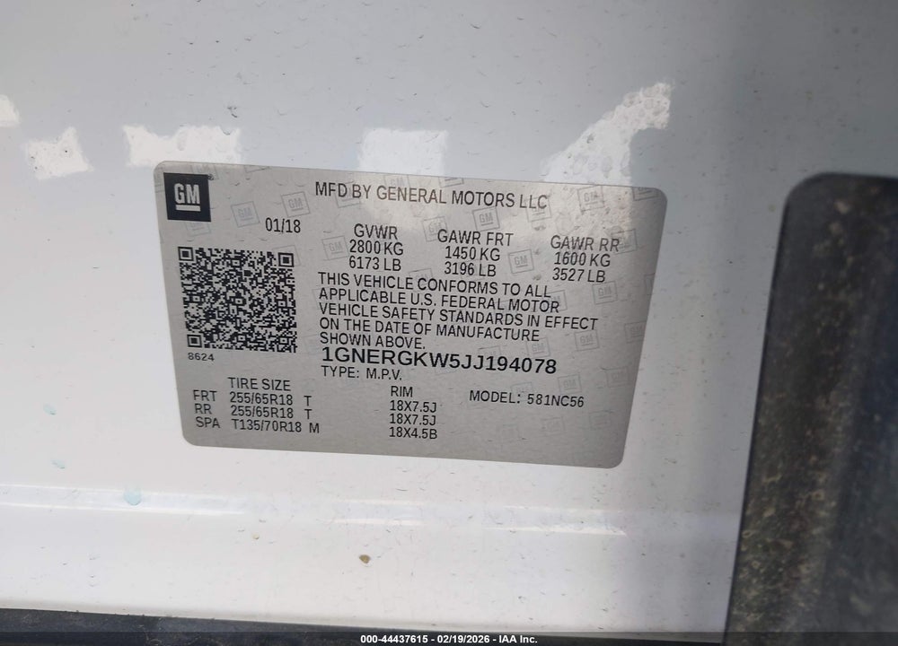 2018 CHEVROLET TRAVERSE 1LT VIN: 1GNERGKW5JJ194078