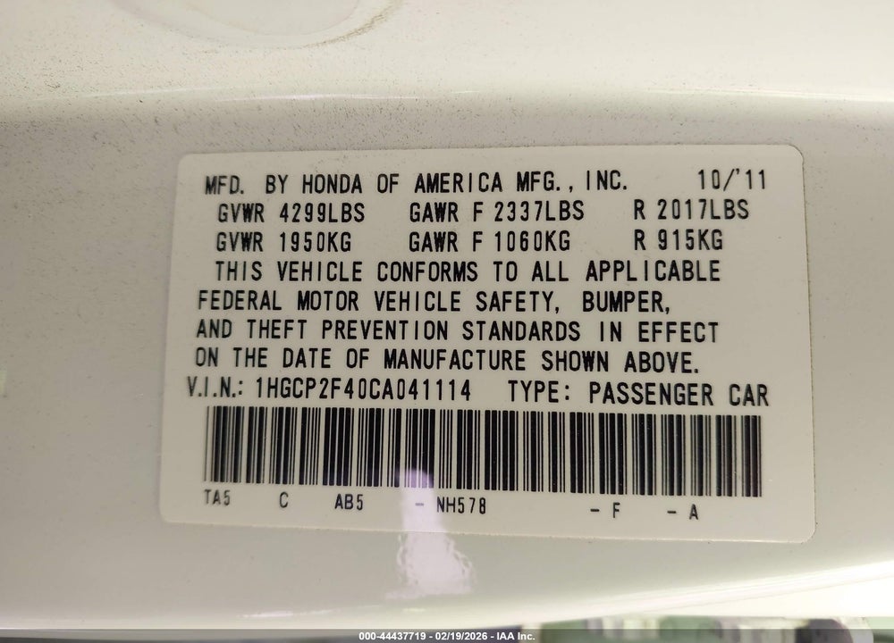 2012 HONDA ACCORD 2.4 LX-P VIN: 1HGCP2F40CA041114