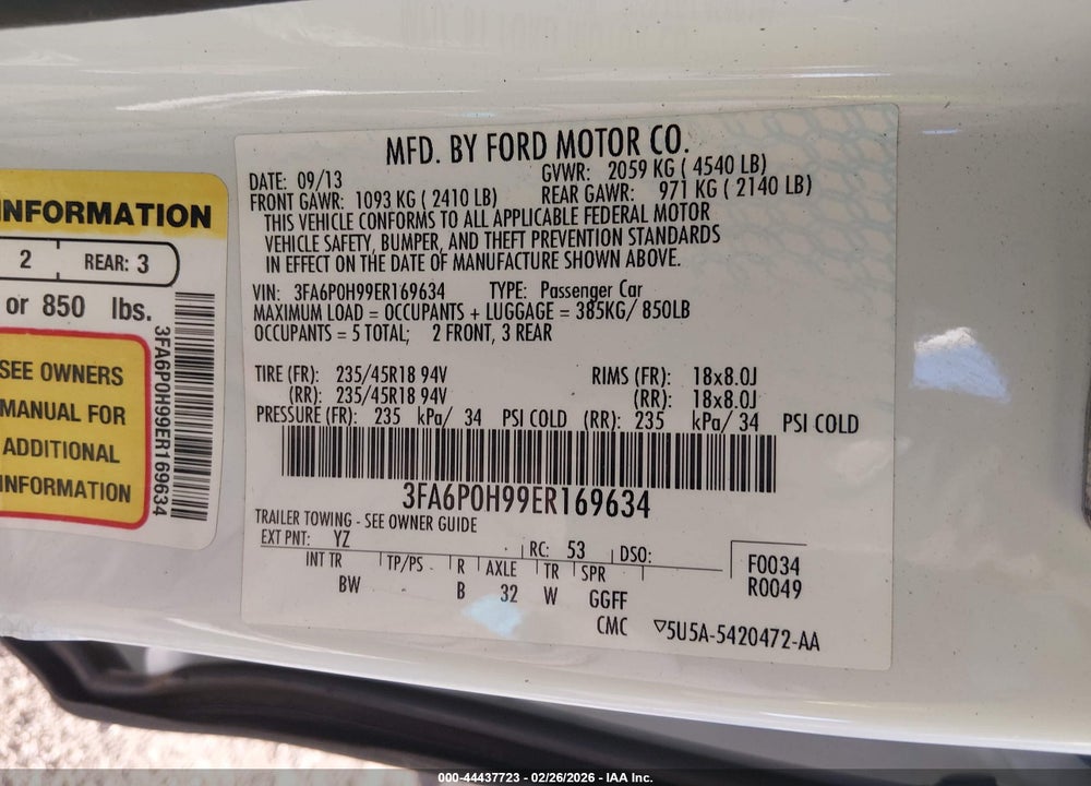 2014 FORD FUSION SE VIN: 3FA6P0H99ER169634