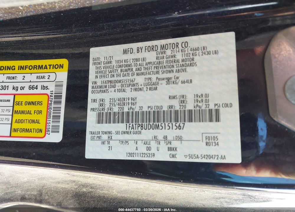 2021 FORD MUSTANG ECOBOOST VIN: 1FATP8UD0M5151567