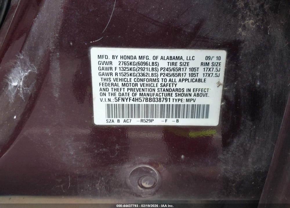 2011 HONDA PILOT EX-L VIN: 5FNYF4H57BB038791