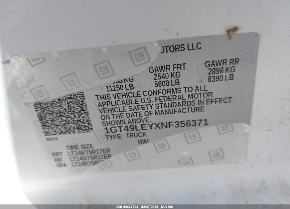 2022 GMC SIERRA 2500HD 4WD  STANDARD BED PRO VIN: 1GT49LEYXNF356371