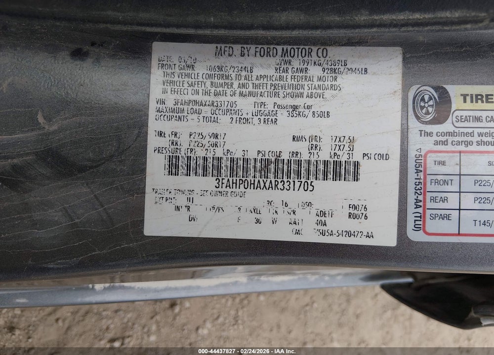 2010 FORD FUSION SE VIN: 3FAHP0HAXAR331705