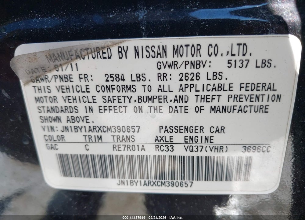 2012 INFINITI M37X VIN: JN1BY1ARXCM390657