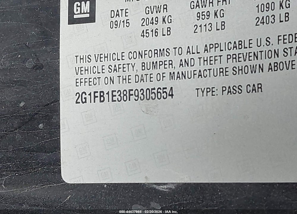 2015 CHEVROLET CAMARO 2LS VIN: 2G1FB1E38F9305654