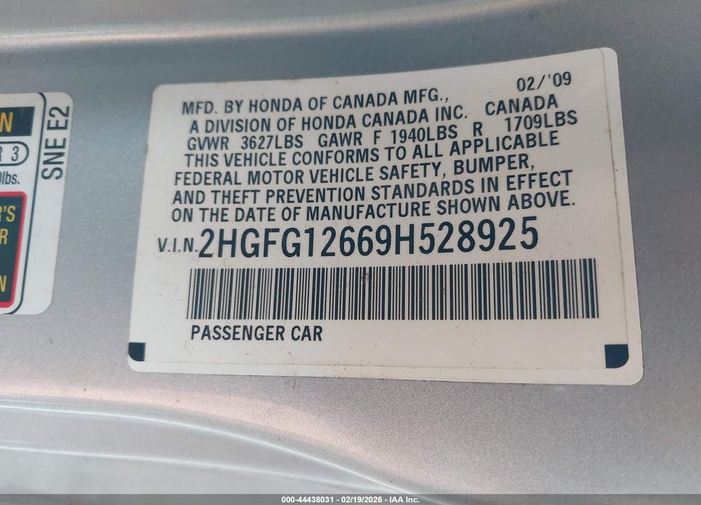 2009 HONDA CIVIC LX VIN: 2HGFG12669H528925