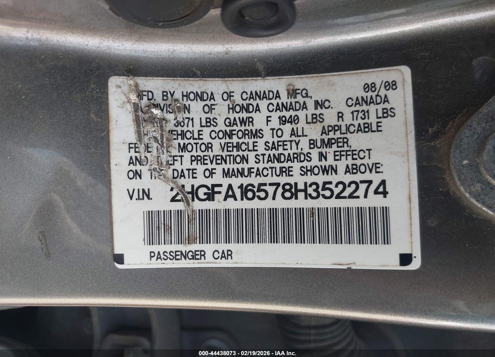 2008 HONDA CIVIC LX VIN: 2HGFA16578H352274