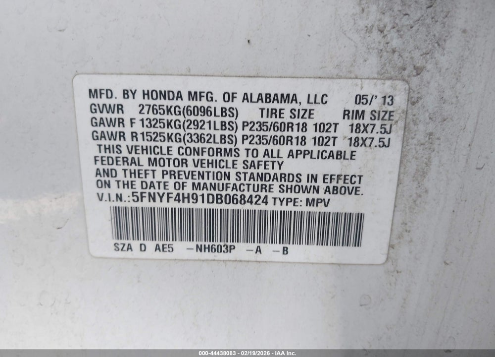 2013 HONDA PILOT TOURING VIN: 5FNYF4H91DB068424