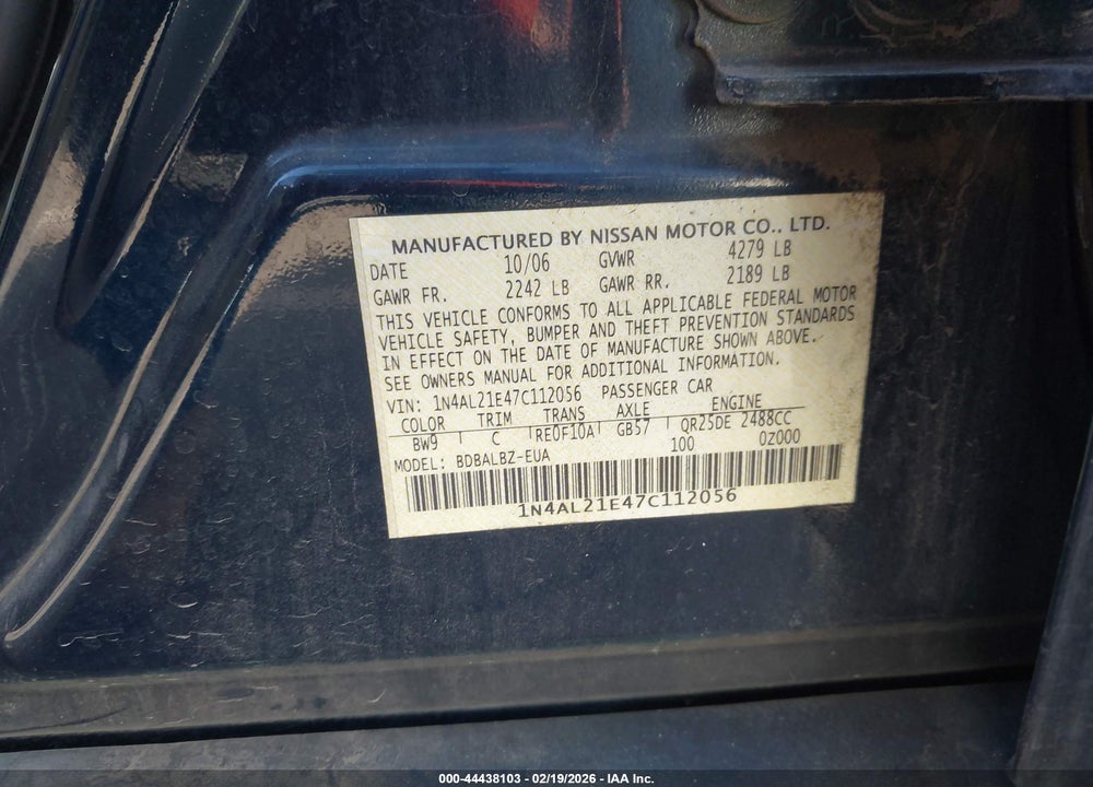 2007 NISSAN ALTIMA 2.5 S VIN: 1N4AL21E47C112056