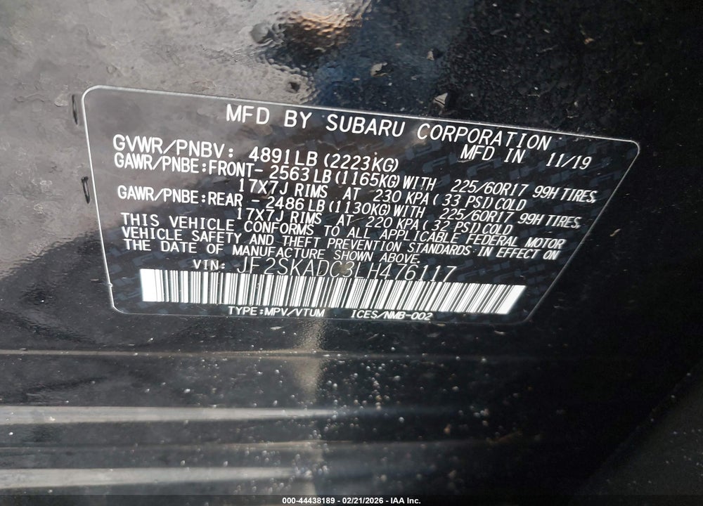 2020 SUBARU FORESTER VIN: JF2SKADC3LH476117