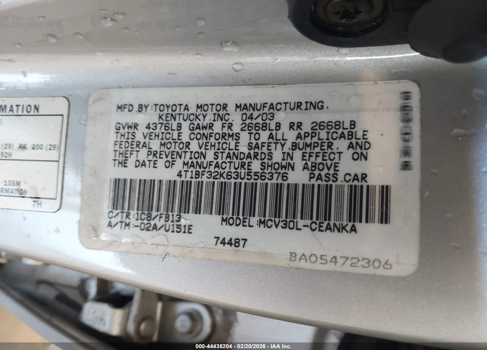 2003 TOYOTA CAMRY LE V6 VIN: 4T1BF32K63U556376