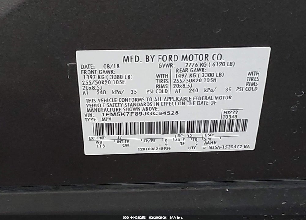 2018 FORD EXPLORER LIMITED VIN: 1FM5K7F89JGC84528