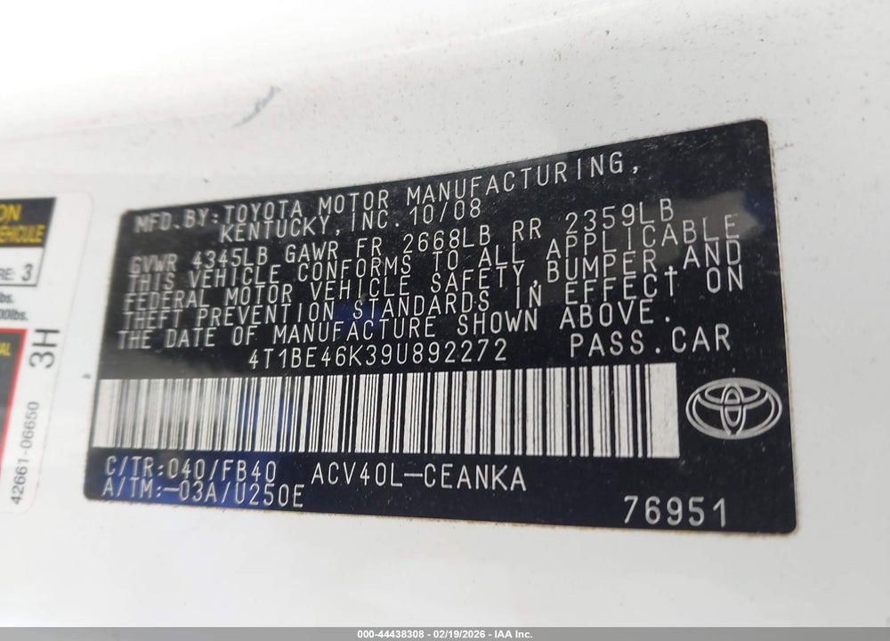 2009 TOYOTA CAMRY VIN: 4T1BE46K39U892272