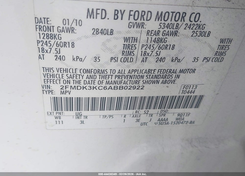 2010 FORD EDGE LIMITED VIN: 2FMDK3KC6ABB02922