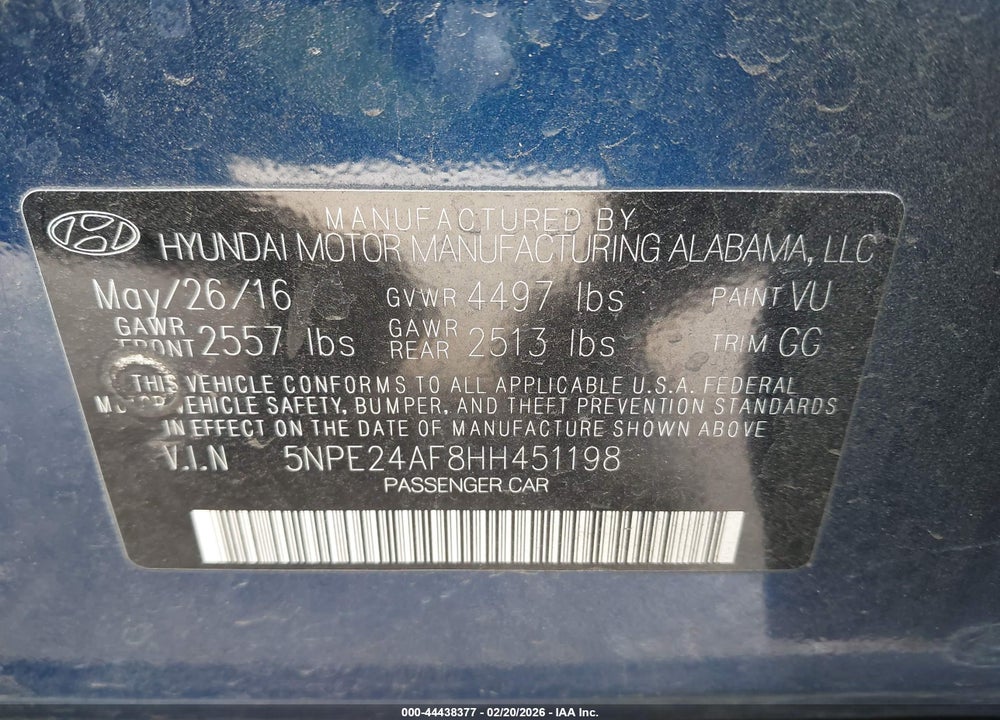 2017 HYUNDAI SONATA SE VIN: 5NPE24AF8HH451198