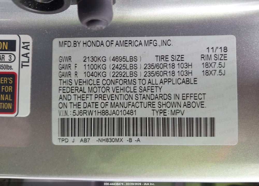 2018 HONDA CR-V EX-L/EX-L NAVI VIN: 5J6RW1H88JA010481