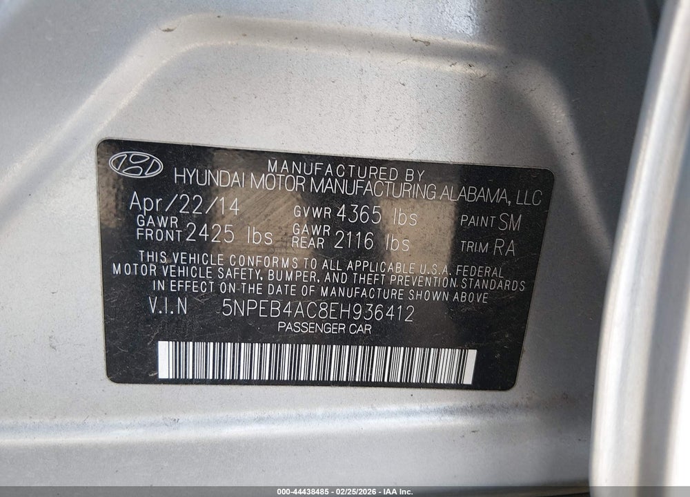2014 HYUNDAI SONATA GLS VIN: 5NPEB4AC8EH936412