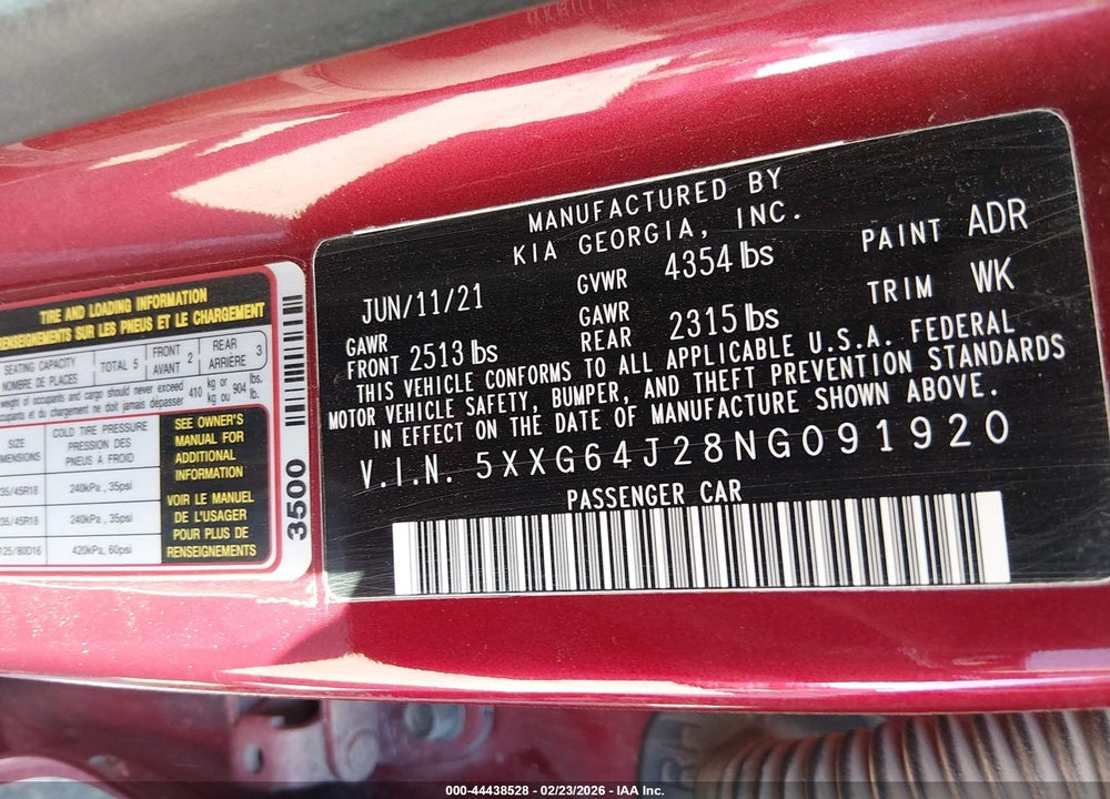 2022 KIA K5 GT-LINE VIN: 5XXG64J28NG091920