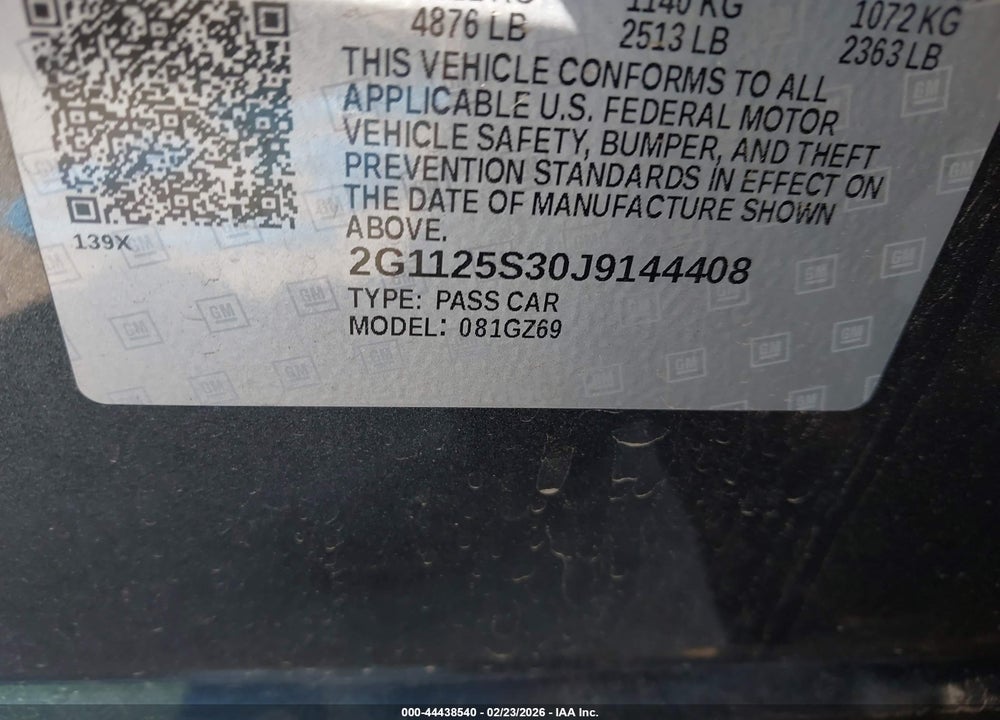2018 CHEVROLET IMPALA 2LZ VIN: 2G1125S30J9144408