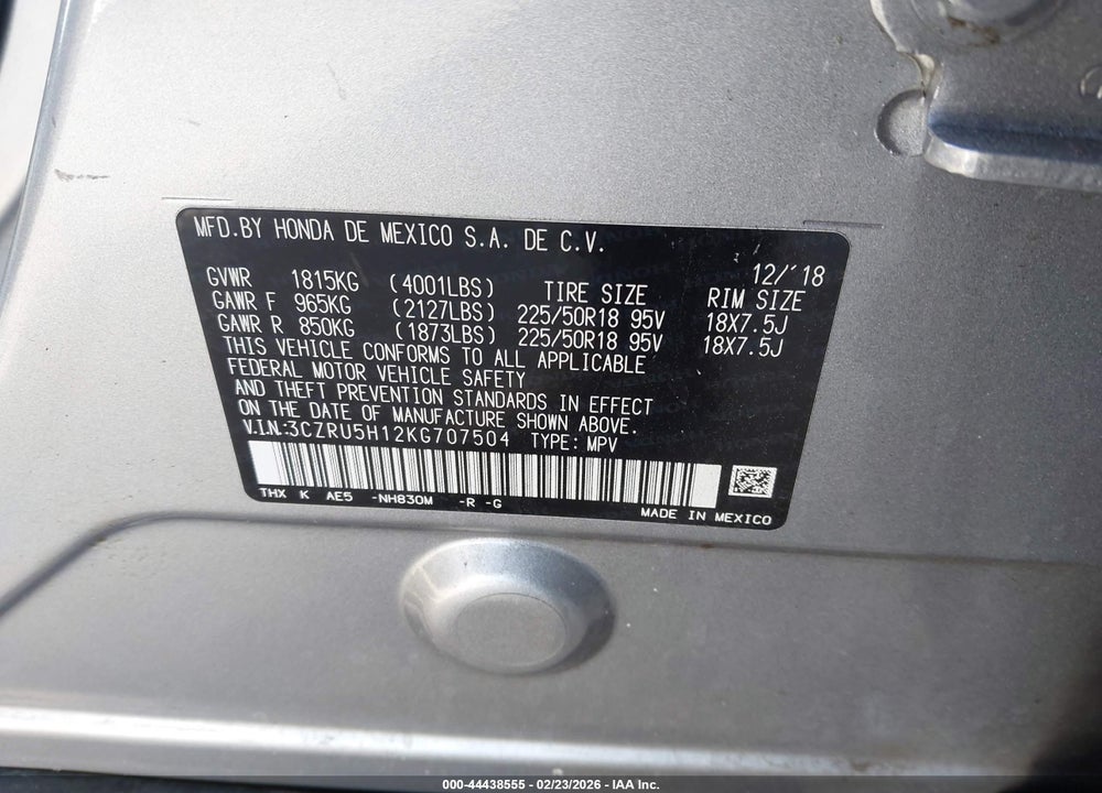 2019 HONDA HR-V SPORT VIN: 3CZRU5H12KG707504