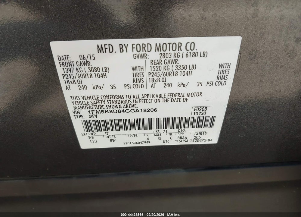 2016 FORD EXPLORER XLT VIN: 1FM5K8D84GGA18206