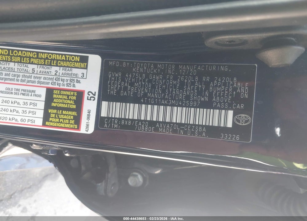 2021 TOYOTA CAMRY SE VIN: 4T1G11AK3MU425997
