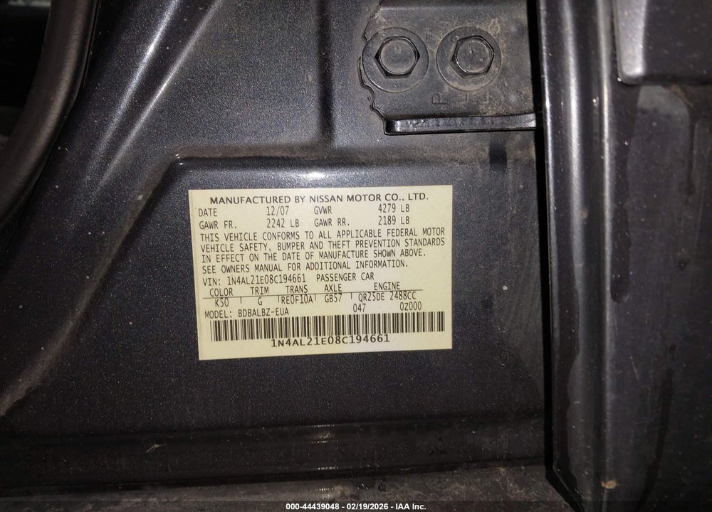 2008 NISSAN ALTIMA 2.5 S VIN: 1N4AL21E08C194661