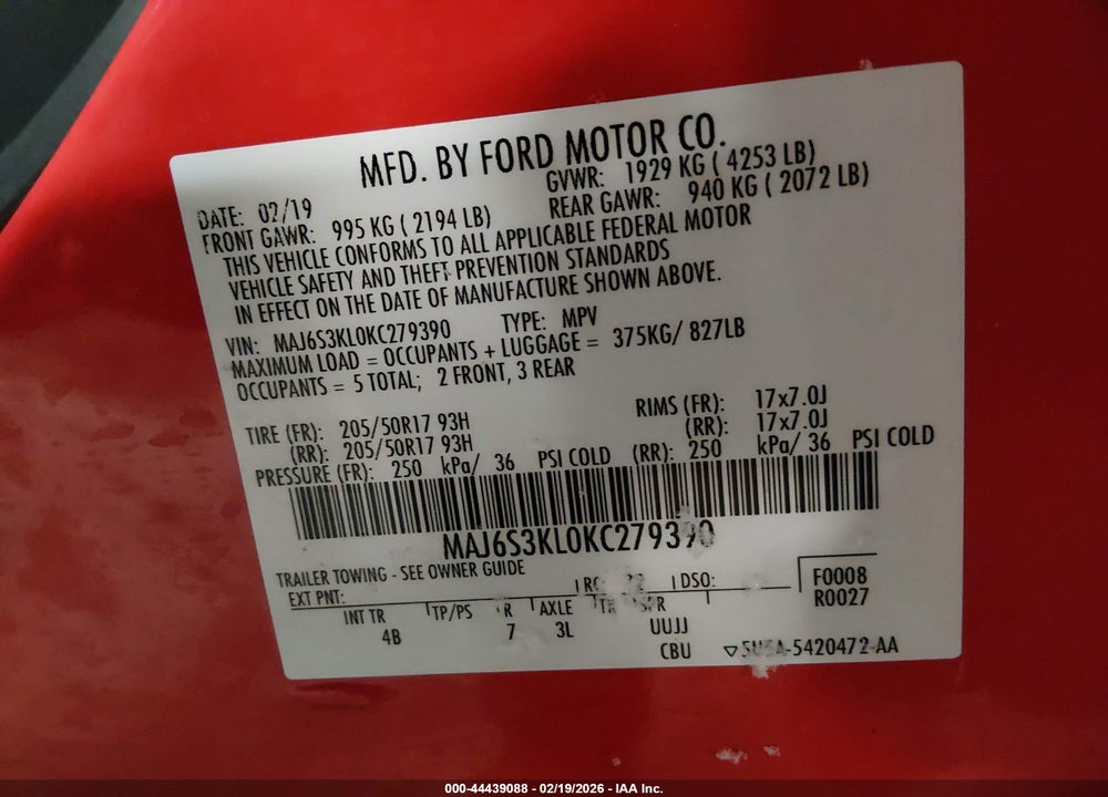 2019 FORD ECOSPORT TITANIUM VIN: MAJ6S3KL0KC279390