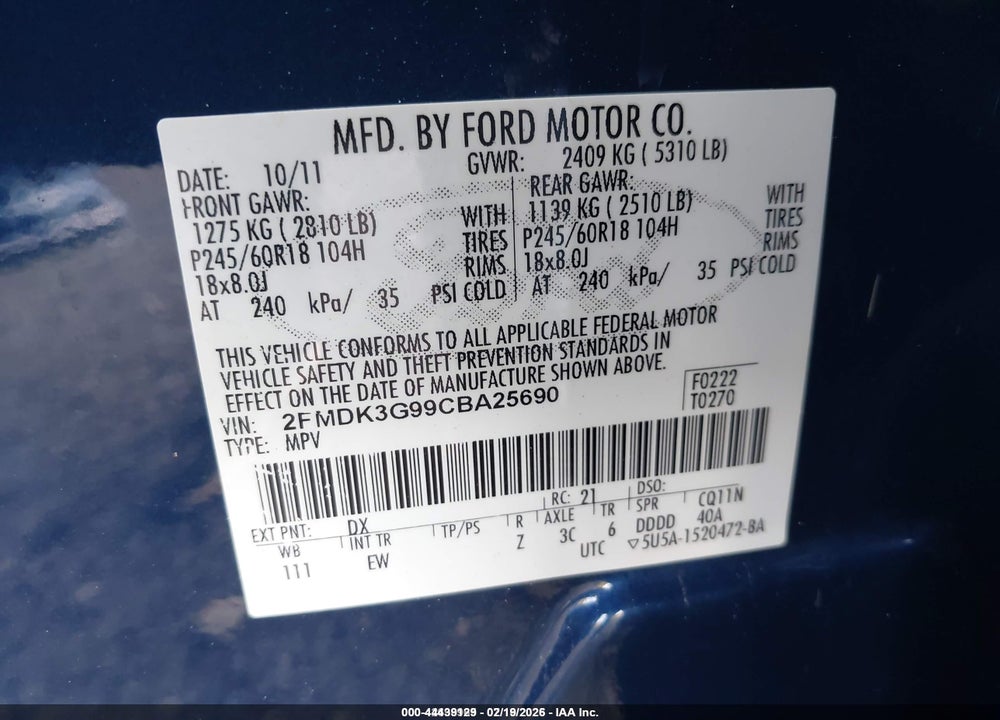 2012 FORD EDGE SE VIN: 2FMDK3G99CBA25690