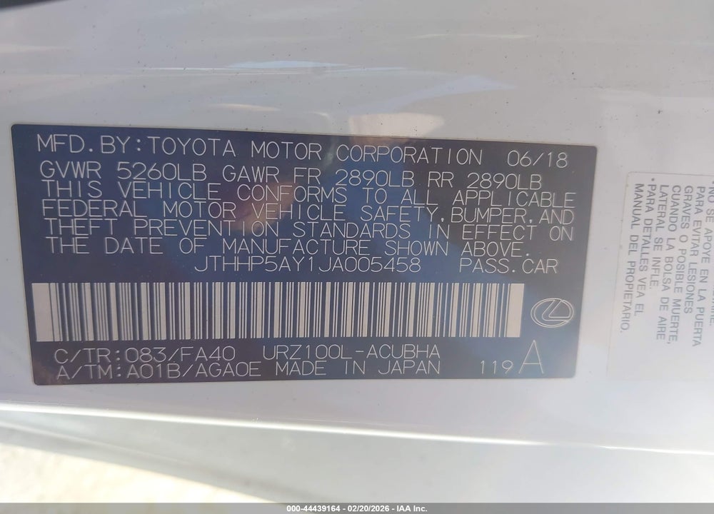 2018 LEXUS LC 500 VIN: JTHHP5AY1JA005458