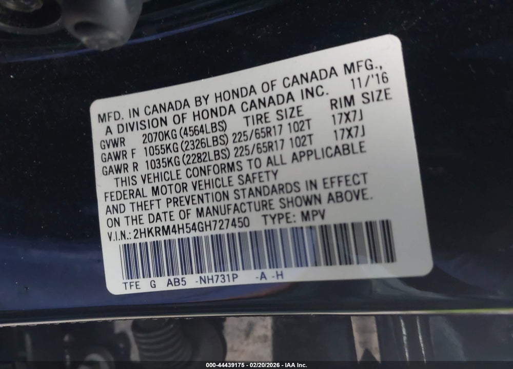 2016 HONDA CR-V EX VIN: 2HKRM4H54GH727450