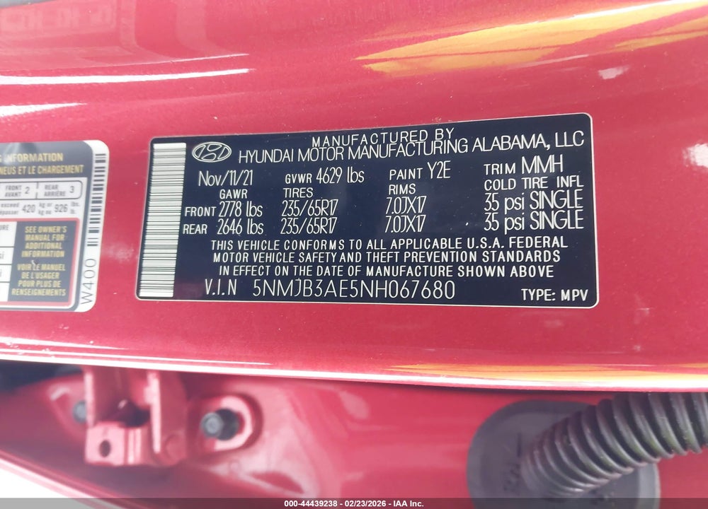 2022 HYUNDAI TUCSON SEL VIN: 5NMJB3AE5NH067680