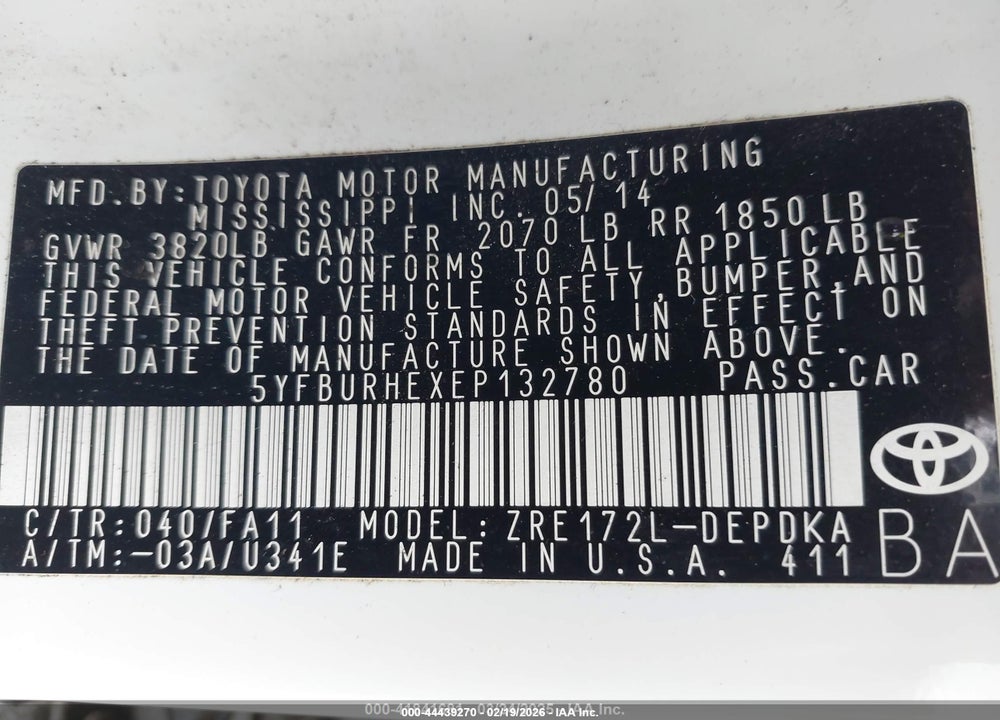 2014 TOYOTA COROLLA L VIN: 5YFBURHEXEP132780
