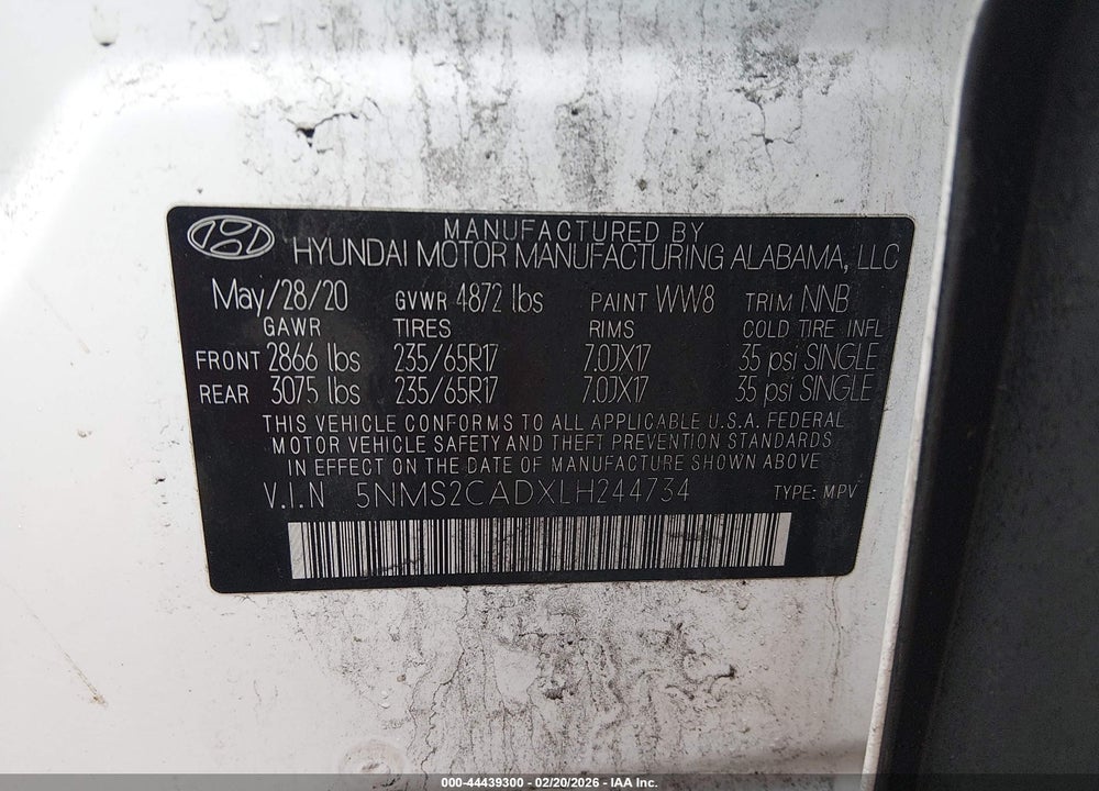 2020 HYUNDAI SANTA FE SE VIN: 5NMS2CADXLH244734
