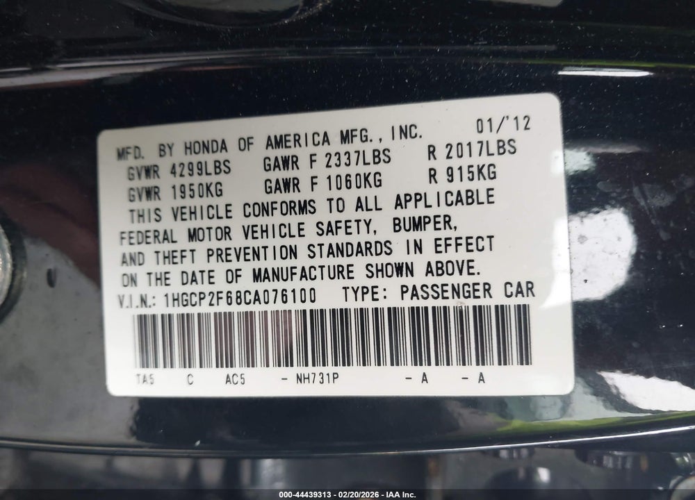 2012 HONDA ACCORD 2.4 SE VIN: 1HGCP2F68CA076100