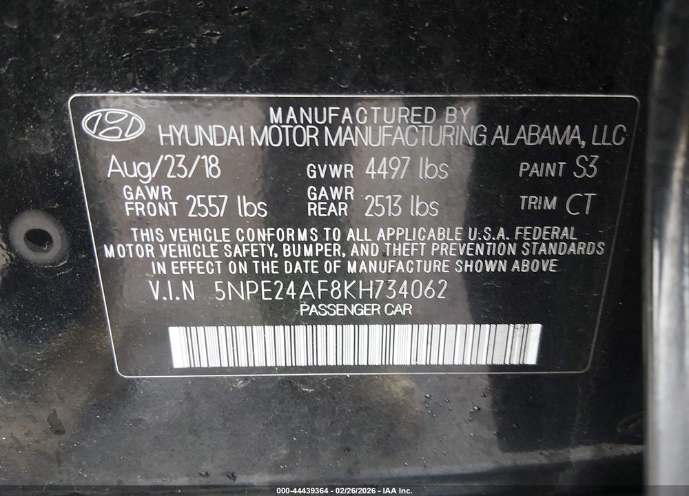 2019 HYUNDAI SONATA SE VIN: 5NPE24AF8KH734062