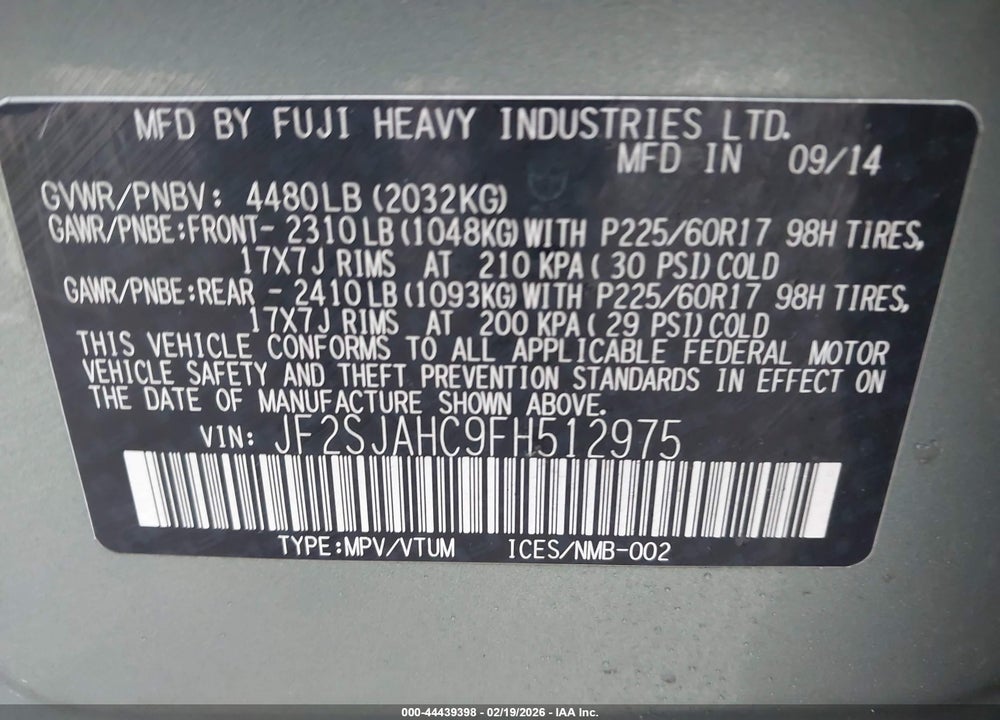 2015 SUBARU FORESTER 2.5I LIMITED VIN: JF2SJAHC9FH512975