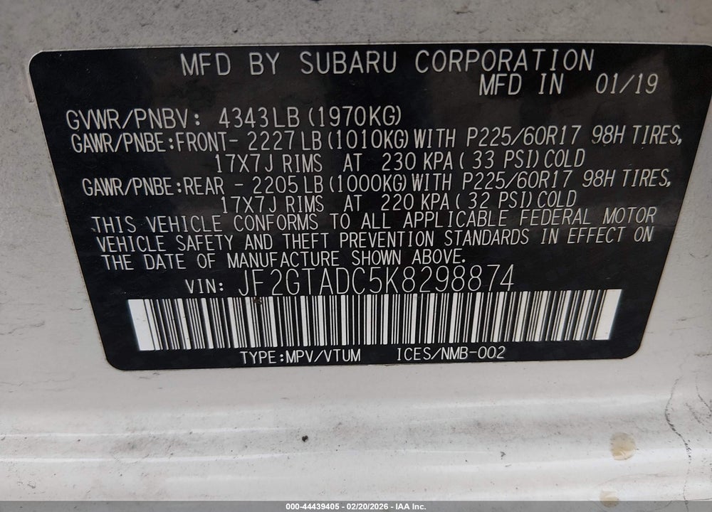 2019 SUBARU CROSSTREK 2.0I PREMIUM VIN: JF2GTADC5K8298874
